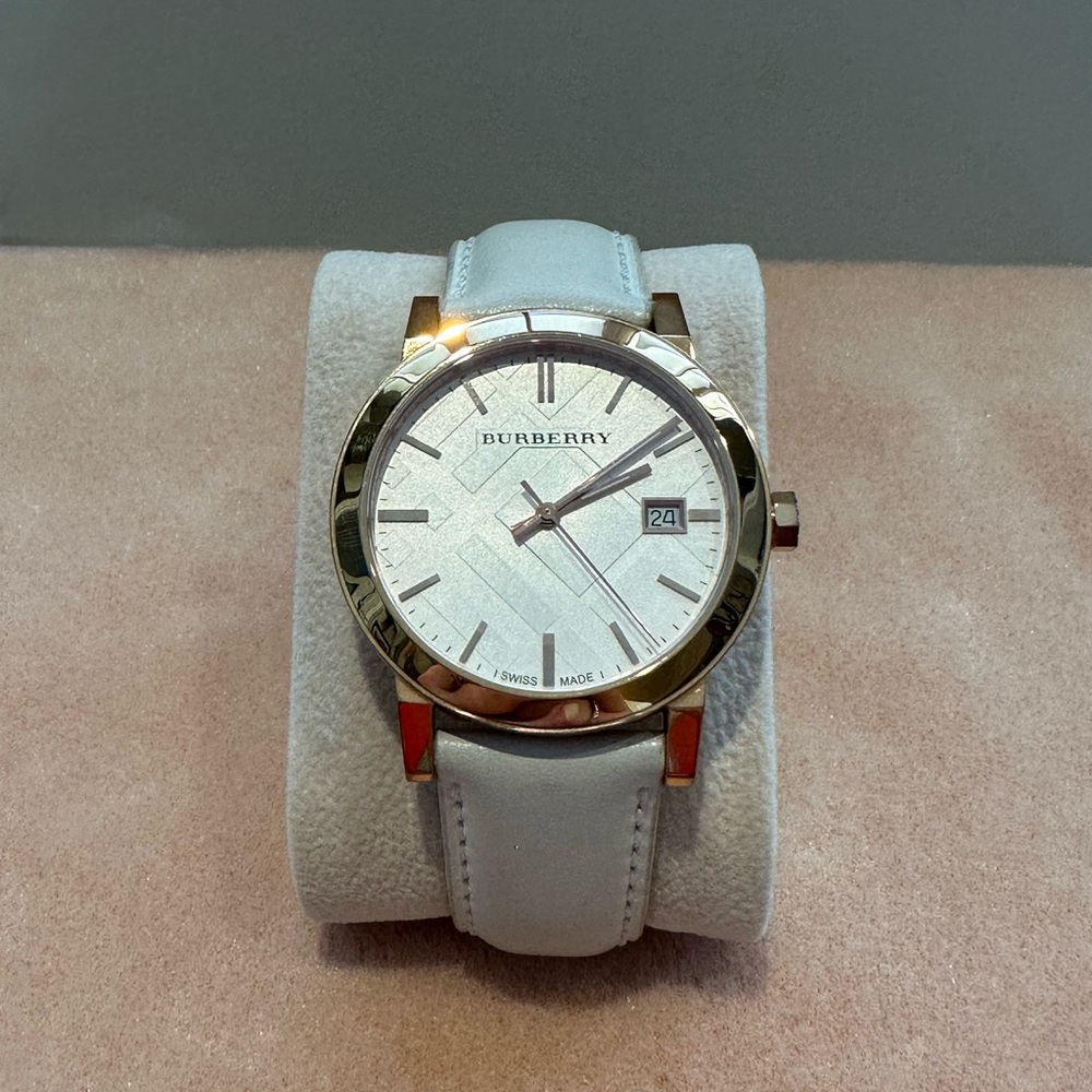 BURBERRY City Womens 38mm Swiss Rose Gold Watch, Silver Dial, White Leather Band